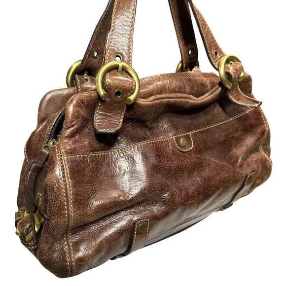 Francesco Biasia Leather Handbag Weathered Chocolate Brown Brass Hardware